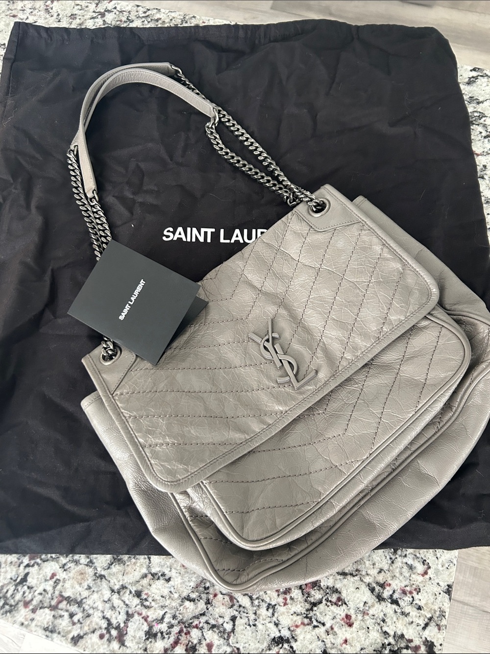 Ysl Saint Laurent niki fog Grey Leather Shoulder Bag with Chain Strap Large